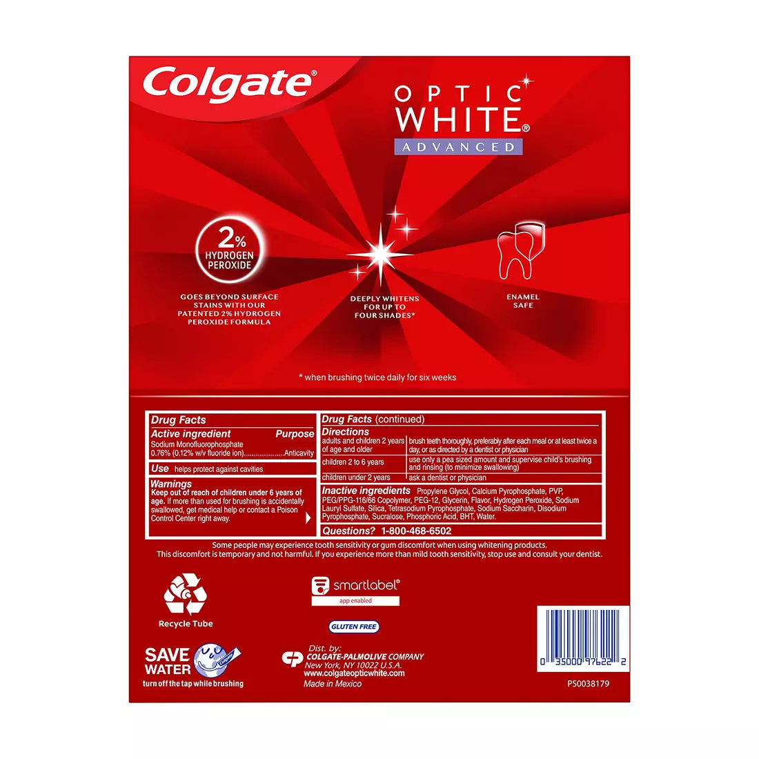 Colgate Optic White Advanced Teeth Whitening Toothpaste, 5 pk./4.2 oz.