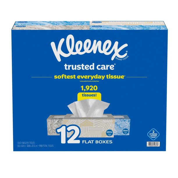 Kleenex Trusted Care Facial Tissues, 12 Flat Boxes, 160 Tissues per Box, 2-Ply (1,920 Total Tissues)