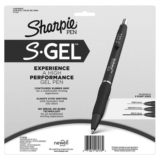 Sharpie S-Gel, Gel Pens, Medium Point (0.7mm), Assorted Colors, 14 Count