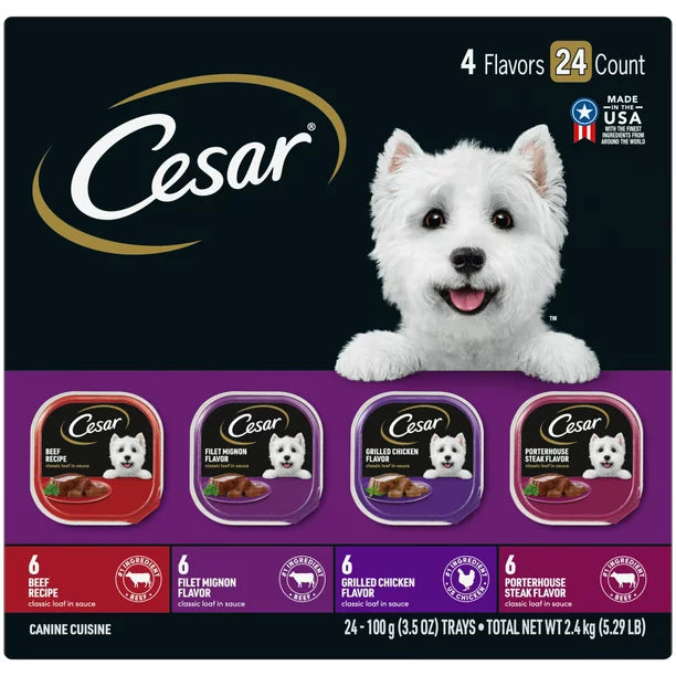 CESAR Classic Loaf in Sauce Beef, Chicken, Filet Mignon & Porterhouse Flavor Multipack, (24) 3.5 oz. Trays