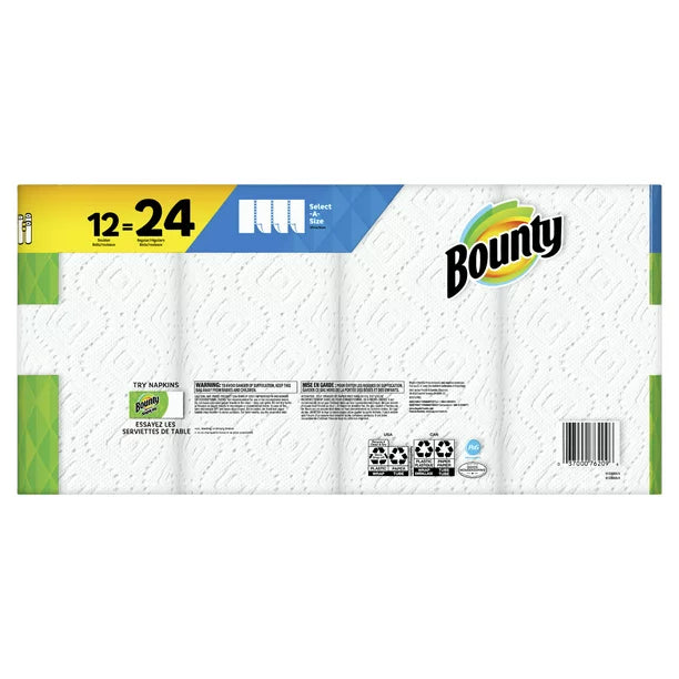 Bounty Select-A-Size Paper Towels, Double Rolls, White, 98 Sheets Per Roll, 12 Count