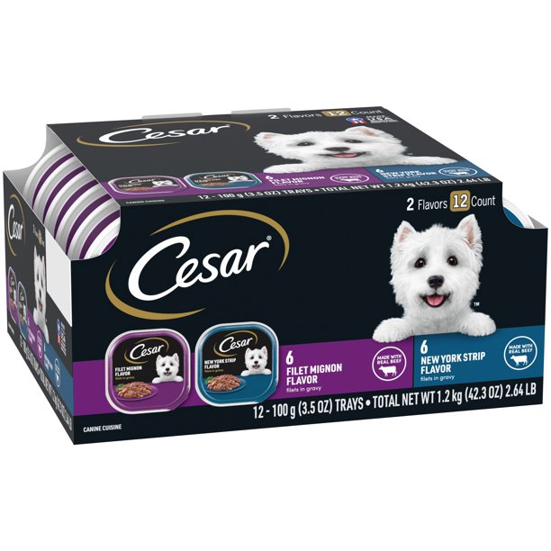 (12 Pack) CESAR Wet Dog Food Filets in Gravy Filet Mignon & New York Strip Flavors Variety Pack, 3.5 oz. Easy Peel Trays