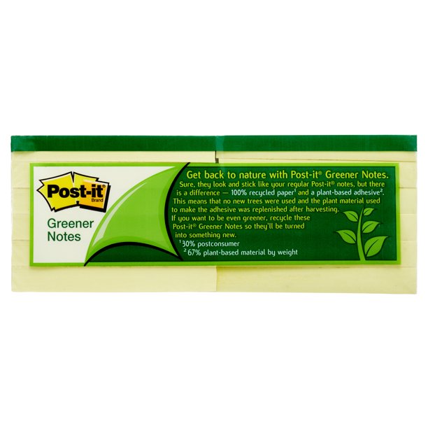 Post-it Greener Notes - Recycled Notes, 3 x 3, Canary Yellow - 12 100-Sheet Pads/Pack