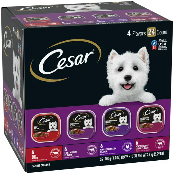 CESAR Classic Loaf in Sauce Beef, Chicken, Filet Mignon & Porterhouse Flavor Multipack, (24) 3.5 oz. Trays