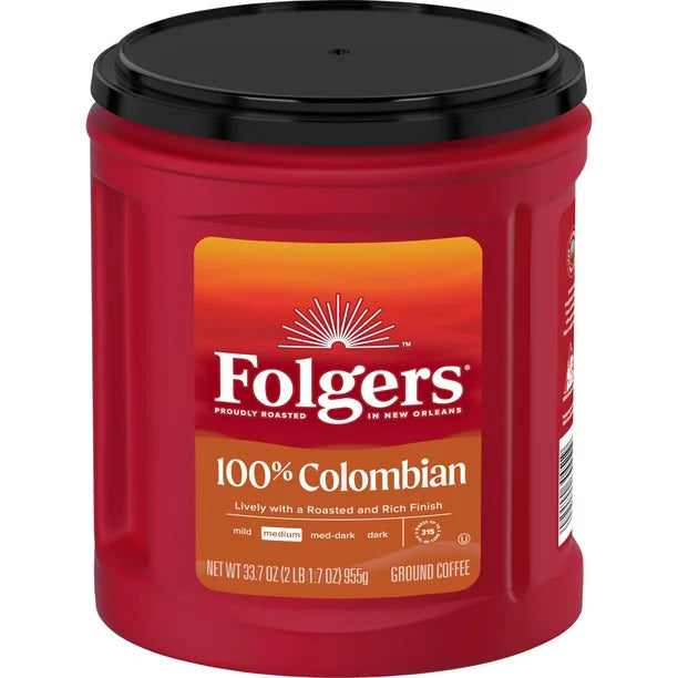 Folgers 100% Colombian Coffee, Medium Roast Ground Coffee, 33.7 Ounce Canister