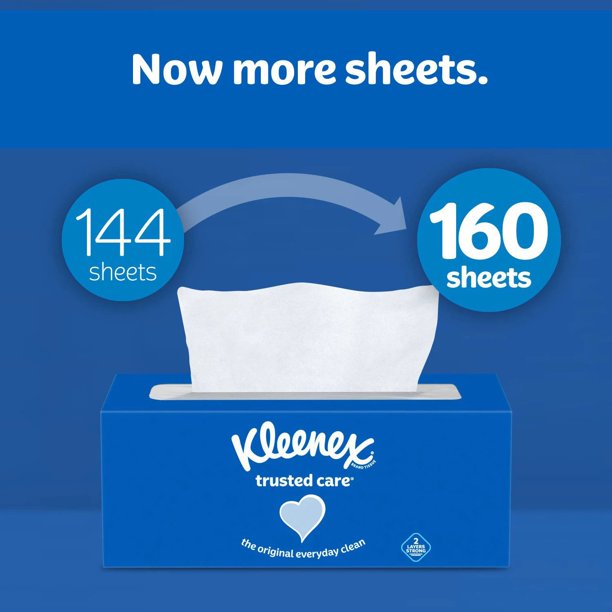 Kleenex Trusted Care Facial Tissues, 12 Flat Boxes, 160 Tissues per Box, 2-Ply (1,920 Total Tissues)