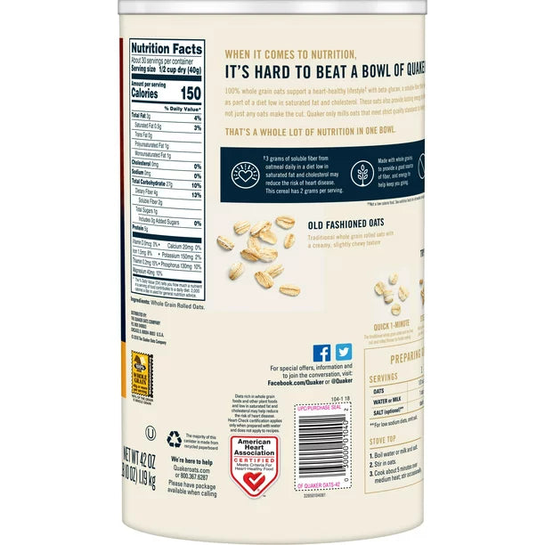 Quaker, Old Fashioned Oatmeal, Whole Grain, 42 oz