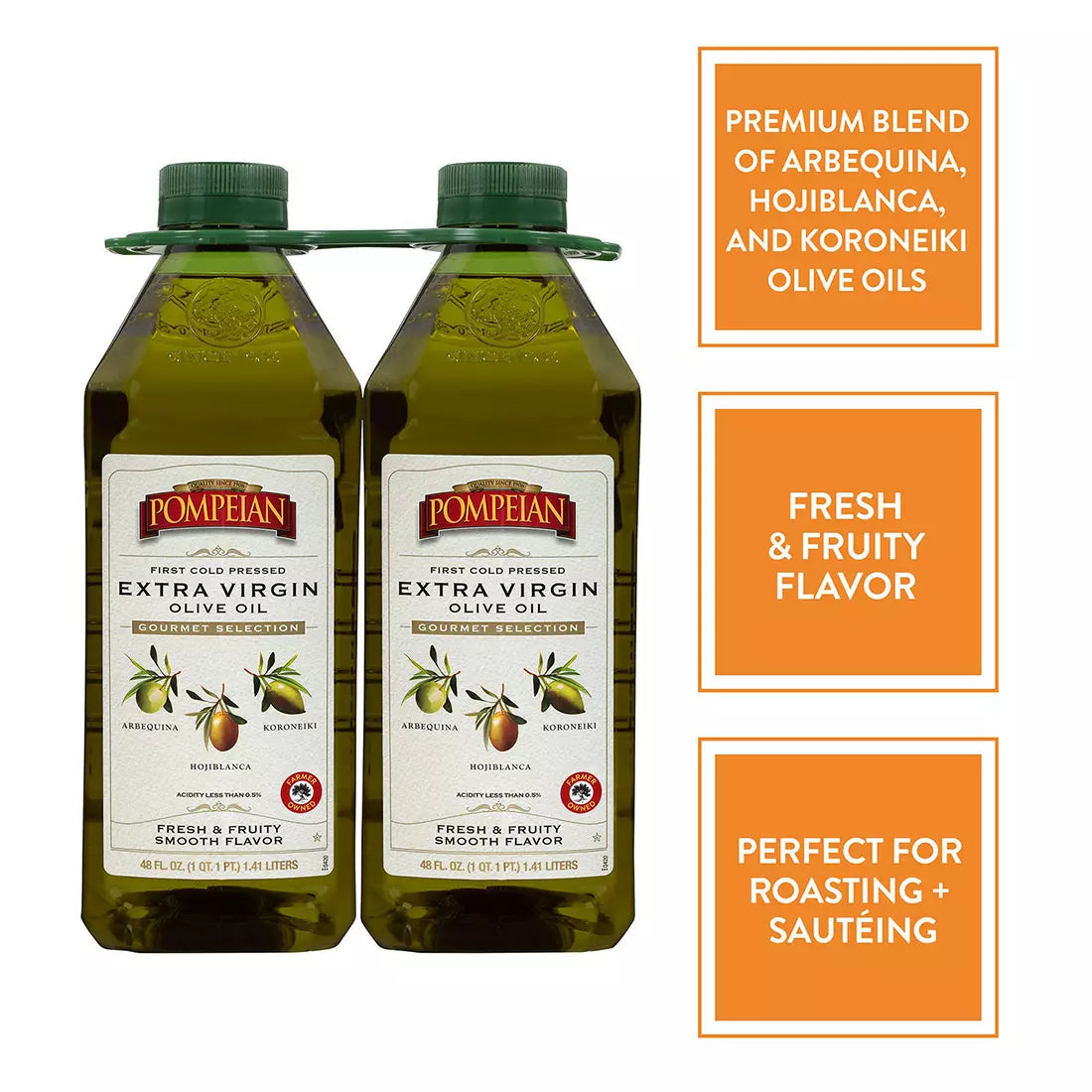 Pompeian Gourmet Selection Extra Virgin Olive Oil, First Cold Pressed, Fresh and Fruity Flavor, 2 pk./48 fl. oz.