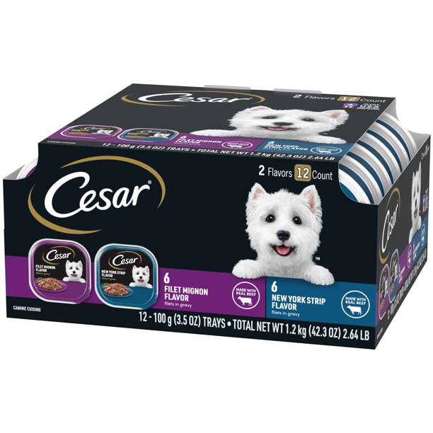 (12 Pack) CESAR Wet Dog Food Filets in Gravy Filet Mignon & New York Strip Flavors Variety Pack, 3.5 oz. Easy Peel Trays