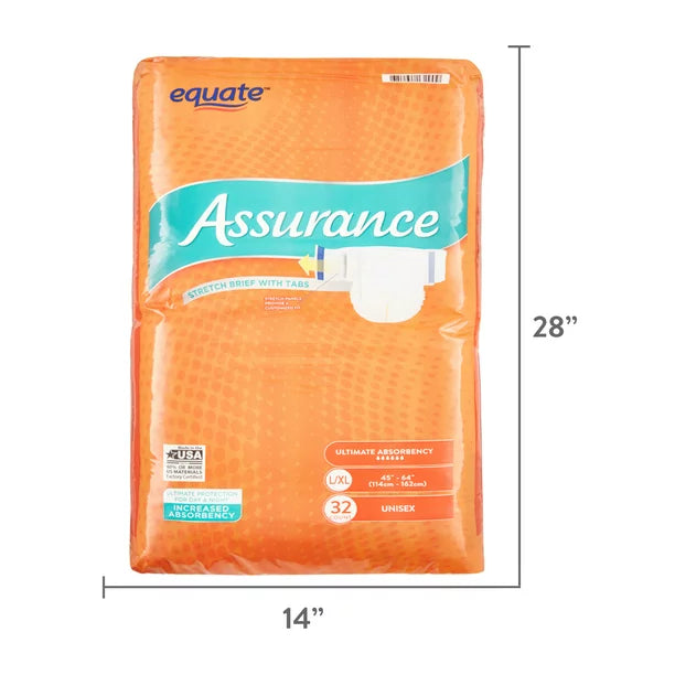 Assurance Incontinence Unisex Stretch Briefs With Tabs, Ultimate Absorbency, L/XL, 32 Count