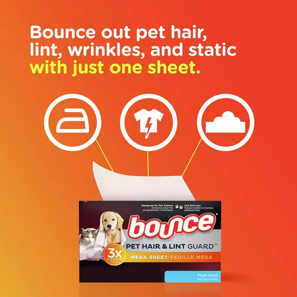 Bounce Pet Hair and Lint Guard Mega Dryer Sheets with 3X Pet Hair Fighters, Fresh Scent (210 ct.)