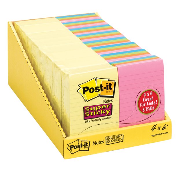 Post-it Super Sticky Notes, 4" x 6", Assorted Colors, Lined, 8 Pack, 800 Total Sheets