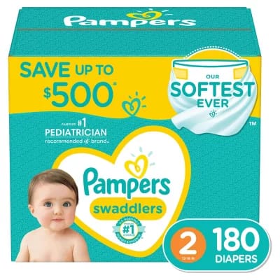 Pampers Swaddlers Diapers, Size 2 (12-18 Pounds), 180 Count